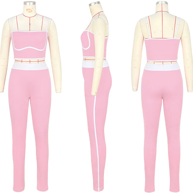 Doyerl Setelan Olahraga Rajutan Bergaris Wanita Dua Potong Set Kamisol Kebugaran Sporty Atasan Crop dan Celana Olahraga Jogger Set Yoga Lari