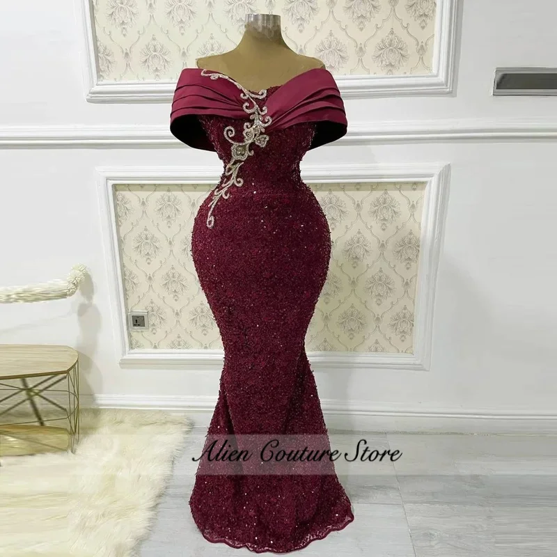 Burgundy Lace Mermaid Prom Dresses Off The Shoulder Beads Applique Aso Ebi Evening Dress Plus Size African Formal Party Gowns