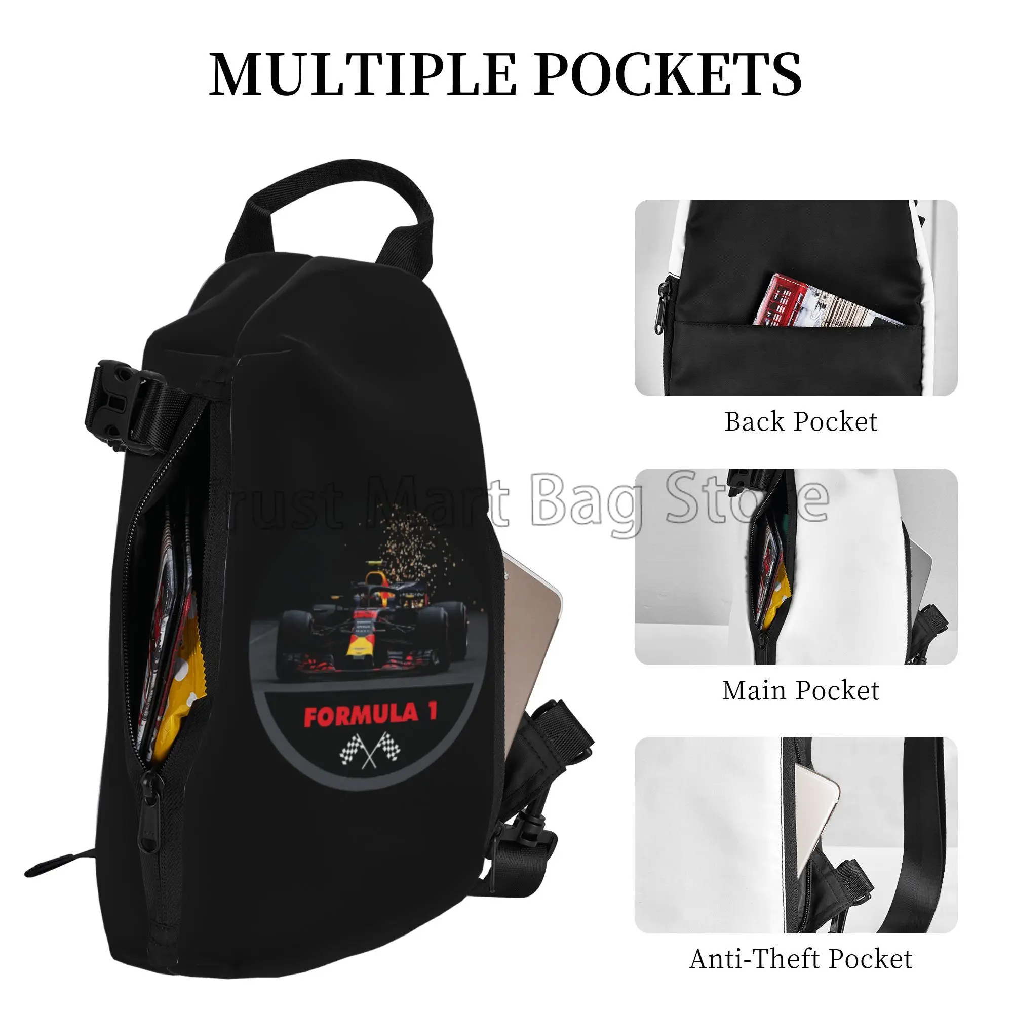 F1 Car Racing Chest Bags for Men Graphic Design Shoulder Bag Casual Crossbody Backpack Travel Sports Hiking Cycling Sling Bag