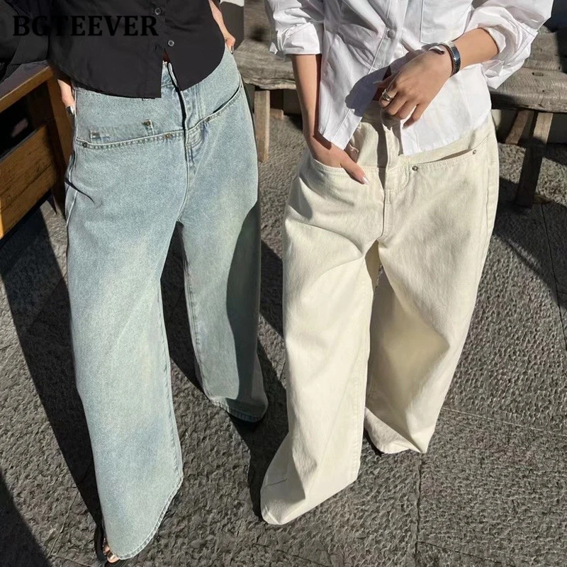 BGTEEVER Stylish High Waist Pockets Female Wide Leg Denim Trousers Casual Loose Women Straight Jeans Pants