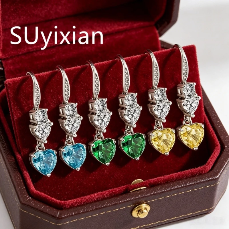 

925 Sterling Silver Fashion Light Luxury Ice Flower Cut Love Zircon Ear Hook Ladies Jewelry Birthday Party Anniversary Gift