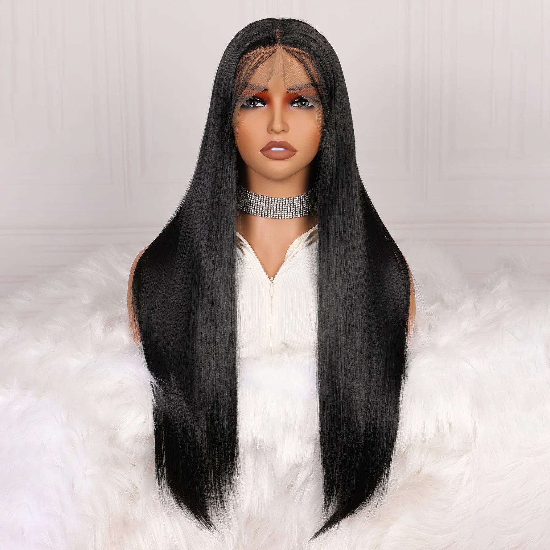 

Мягкий, термостойкий, 26-дюймовый, черный, прямой парик с кружевной передней частью 13x4x1 для женщин, с синтетическими, предварительно выщипанными, безклеевыми волосами «baby hair»