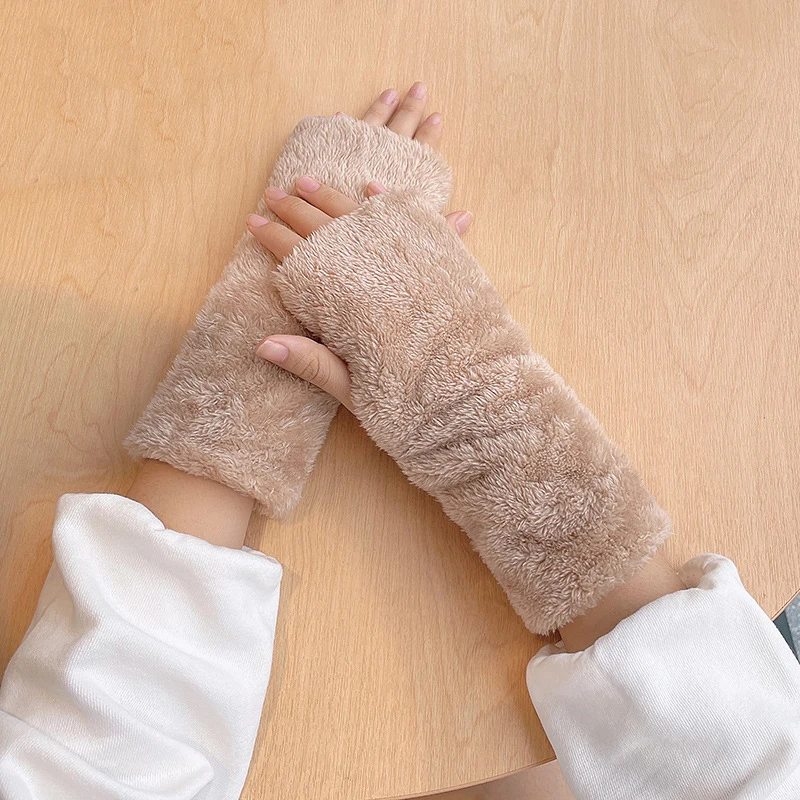 New Women Winter Keep Warm Plus Cashmere Solid Elasticity Soft Half-Finger Gloves Cute Lovely Sweety Fashion Personality