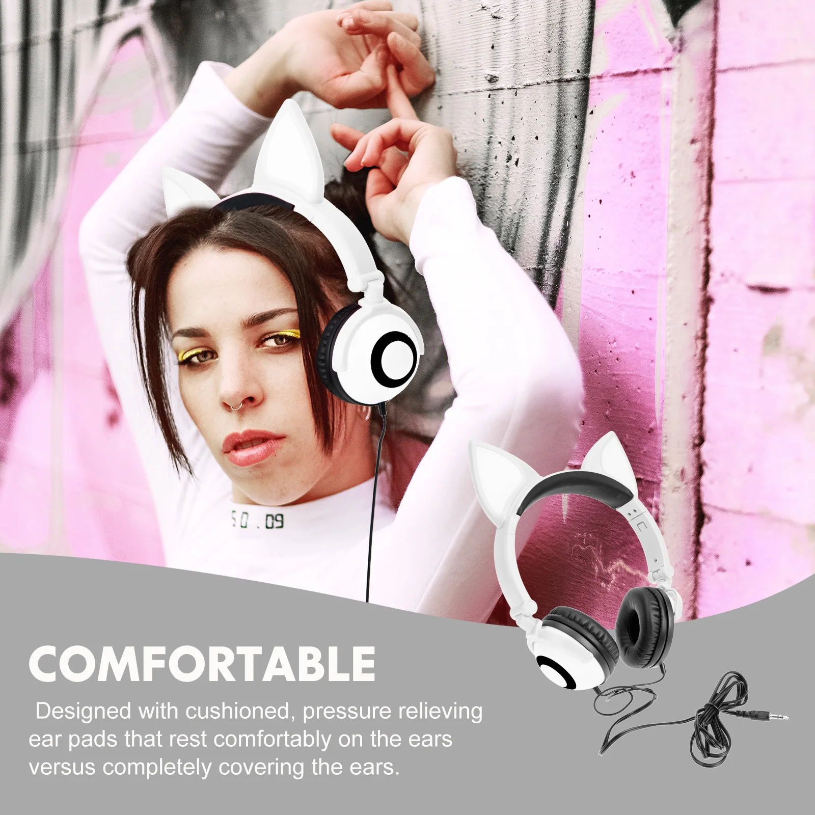 

Glowing Kids Headphones Foldable Cat Ear Headset for Cellphone White Wired Children Adjustable Ergonomic Safe Comfortable