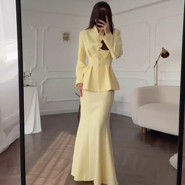 2025 Spring Elegant Retro Soft Solid Color Long-sleeved Top Long Skirt Elegant Temperament Comfortable Suit Women