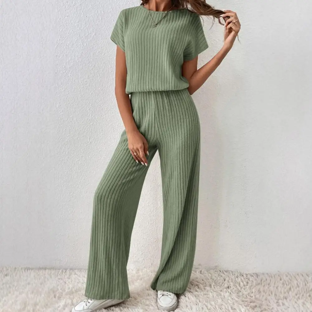 

Summer Two Piece Knit Set Women's Short Sleeve Sweater Top Wide Leg Pants Lounge Sets Ribbed Knitted Casual Outfit
