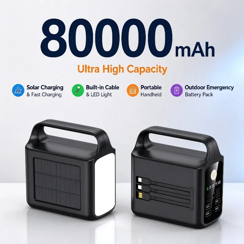 200000mAh Power Bank Large Capacity Portable Outdoor Emergency Power Supply Built-in Cable Camping Light For iPhone