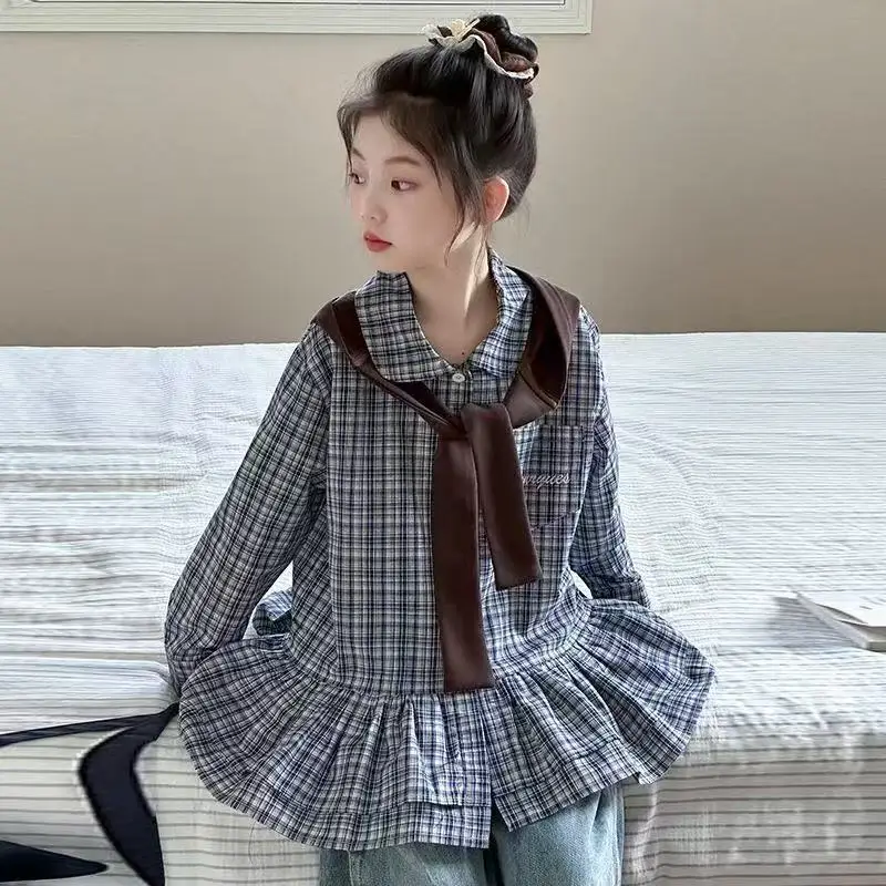 4-15 سنة الربيع والخريف الفتيات موضة منقوشة قميص 2026 النسخة الكورية الجديدة للأطفال عادية فضفاض كم طويل 110-170 سنتيمتر