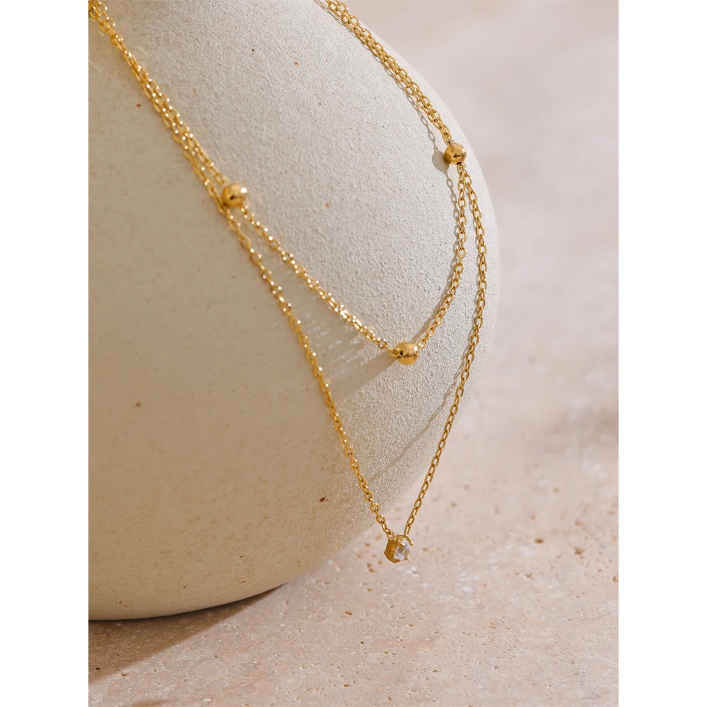 Yhpup Delicate Stainless Steel Cubic Zirconia Double Layer Chain Necklace for Women Korean Style Exquisite Jewelry Gift
