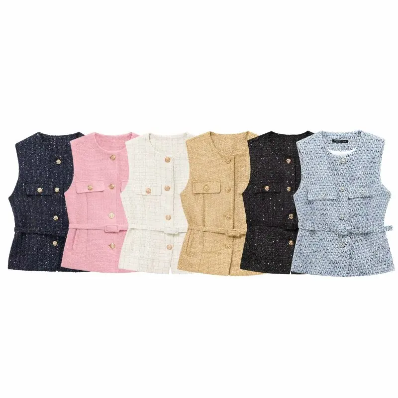 

Simple Solid Button Pocket Vest Women Summer Sleeveless Office Lady French Style Streetwear Vest Belt Slim Waist Design Tops