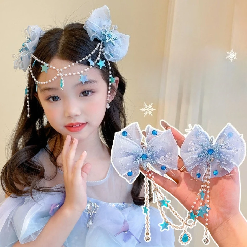 أطفال لؤلؤة الجبين سلسلة الأزرق دبوس الشعر الانفجارات المشابك للفتيات إلسا ندفة الثلج دبوس الشعر إكسسوارات الشعر أغطية الرأس الموضة HP01 #2