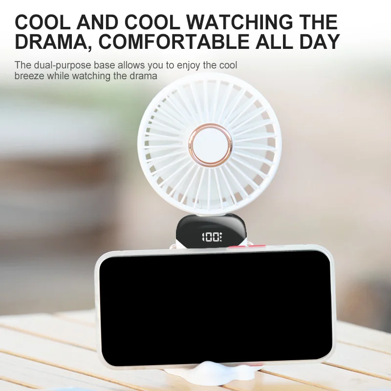 Handheld Mini Fan Foldable Portable Neck Hanging Fans 5 Speed USB Rechargeable Fan with Desk Phone Stand and LED Display Screen