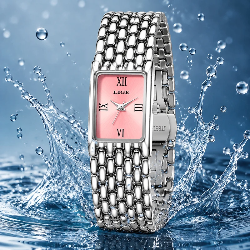 LIGE New Women's Square Watch Stainless Steel Mesh Bracelet Pink Dial Roman Numeral Fashion Waterproof Quartz Ladies Wristwatch