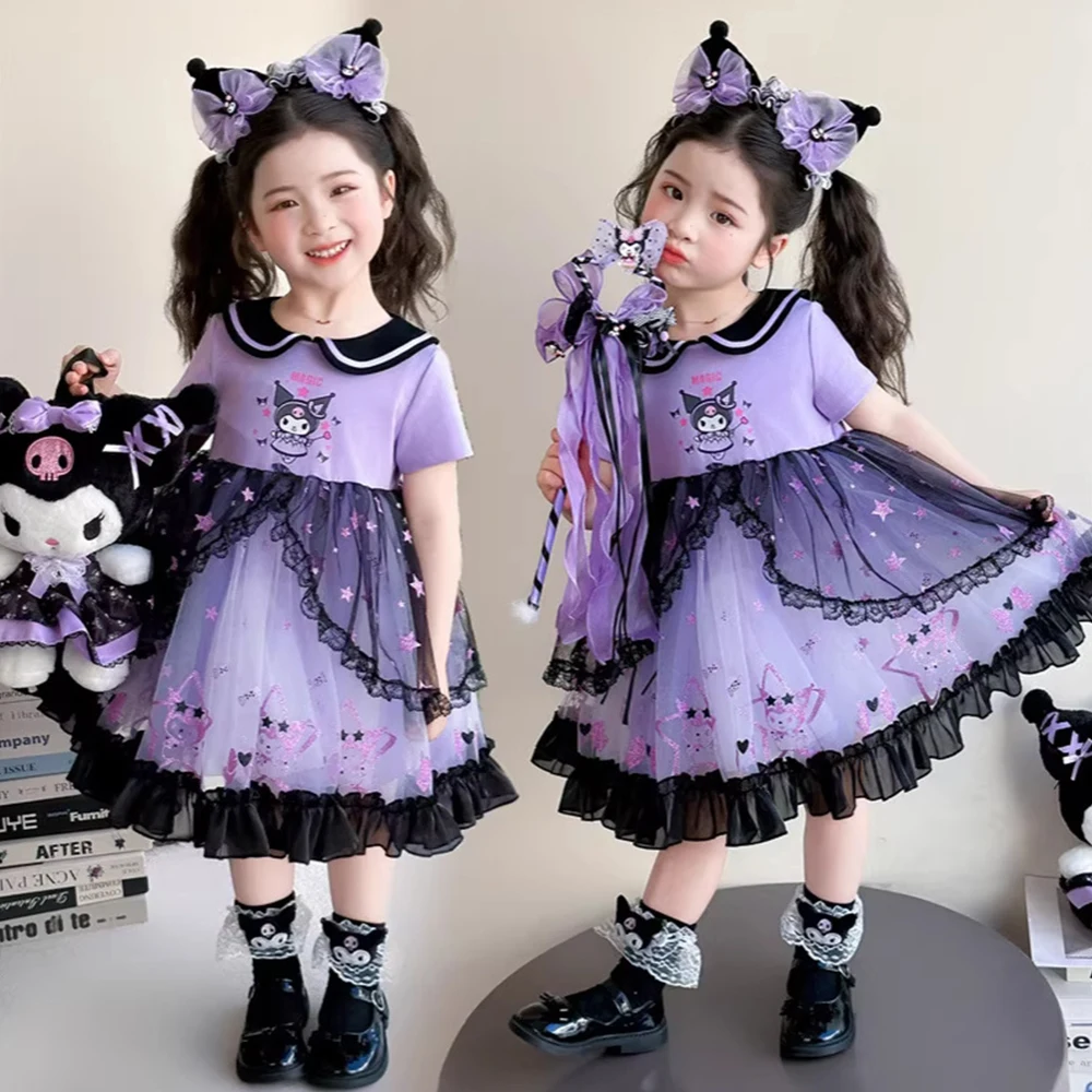 

Новое летнее платье Kawaii Kuromi для девочек в стиле Лолита, сетчатое, Sanrio, в стиле принцессы, модное, мультяшное, милое, вечернее платье