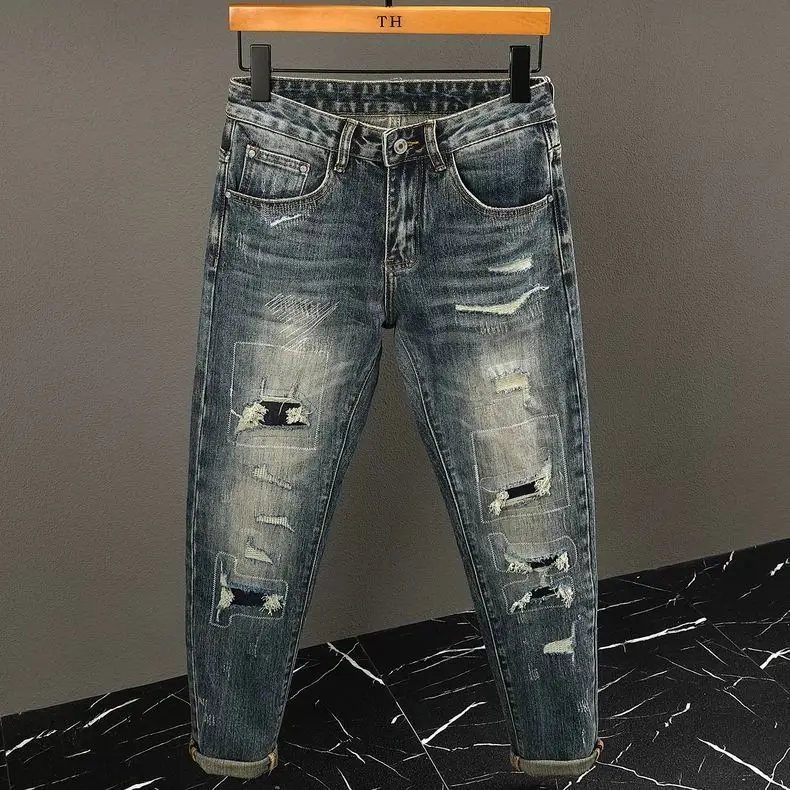 

Модные брендовые мужские джинсы в стиле ретро с завышенной талией в стиле пэчворк, облегающие маленькие прямые брюки из смеси хлопка и полиэстера