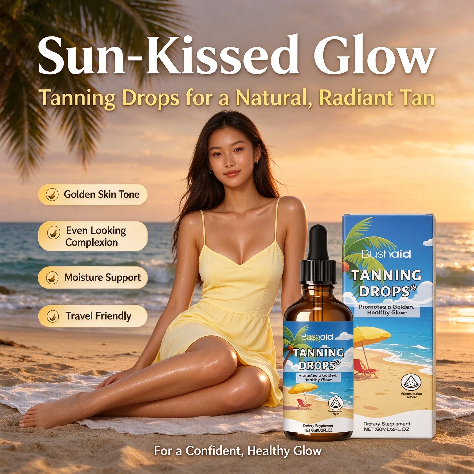 Oral Tanning Drops To Drink Sunless Sun-Kissed Glow Support Melanin Production Skin Brightening Bronzer Liquid For All Skin Type