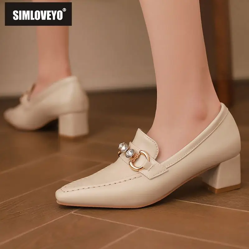 SIMLOVEYO Office Lady Pumps 30 31 32 Square Toe Slip On Metal Decoration Rhinestone Block Heels 5cm Plus Size 49 50 Bride Shoes