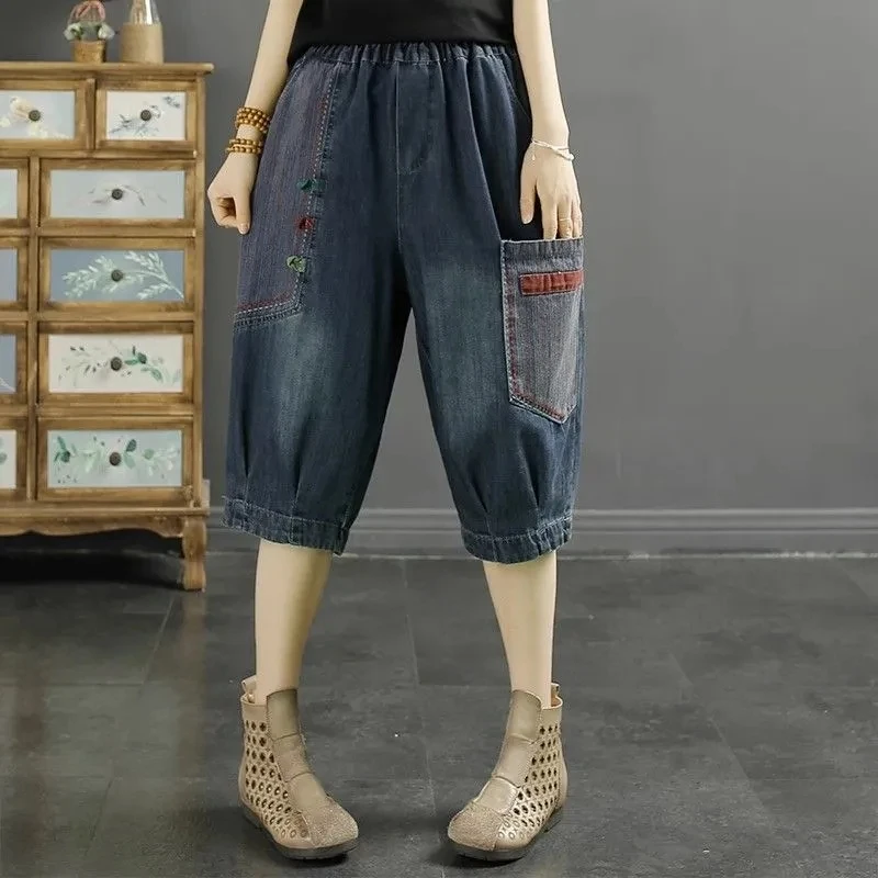 Blue Summer Retro Thin Patch Denim Five quarter Jeans New High waisted Loose Harem Pants Women's Casual Denim Shorts