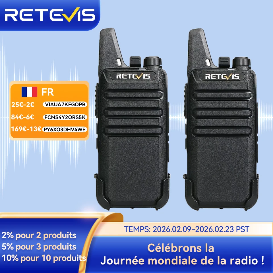 Retevis RT622 Mini Talkie-walkie lot de 2 PMR446 Radio portable bidirectionnelle PTT pour la communication dans les restaurants et hôtels