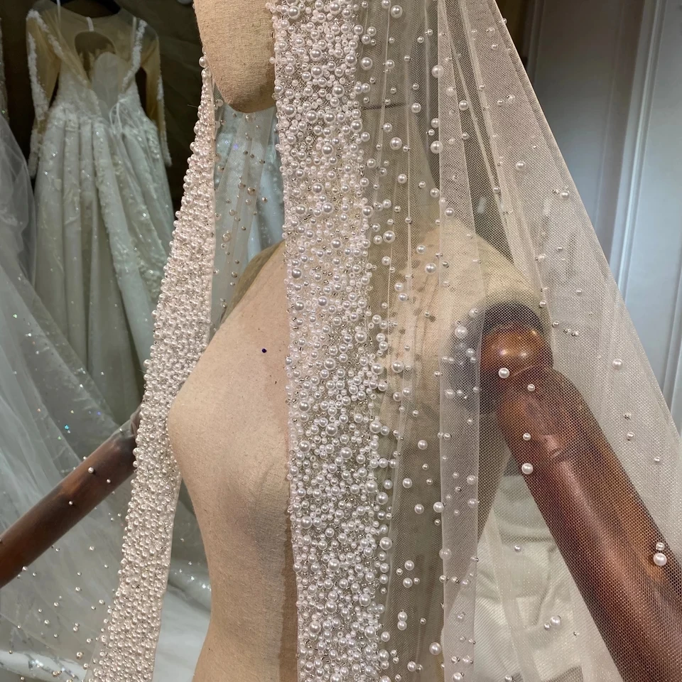 럭셔리 긴 신부 베일 화이트 아이보리 샴페인 아플리케 빛나는 웨딩 베일 우아한 대성당 길이 웨딩 액세서리