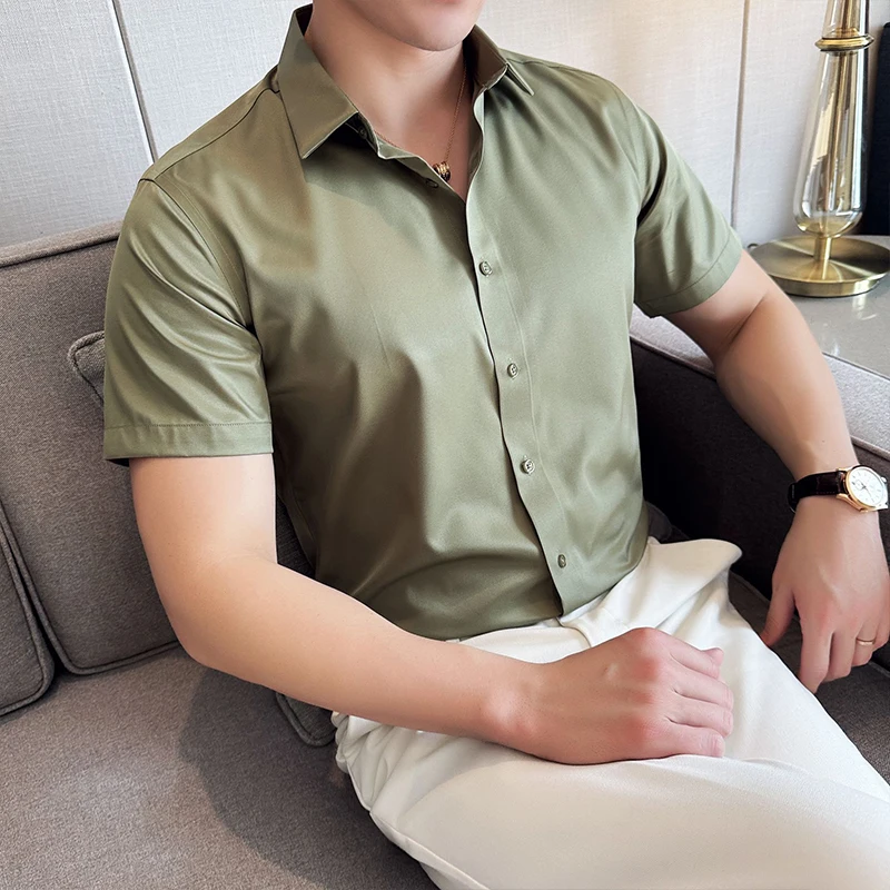 

Summer Men's Formal Shirts Short Sleeve Basic Solid Ice Silk Non Iron Wrinkle Premium Luxury Business Soft Social Dress Shirt