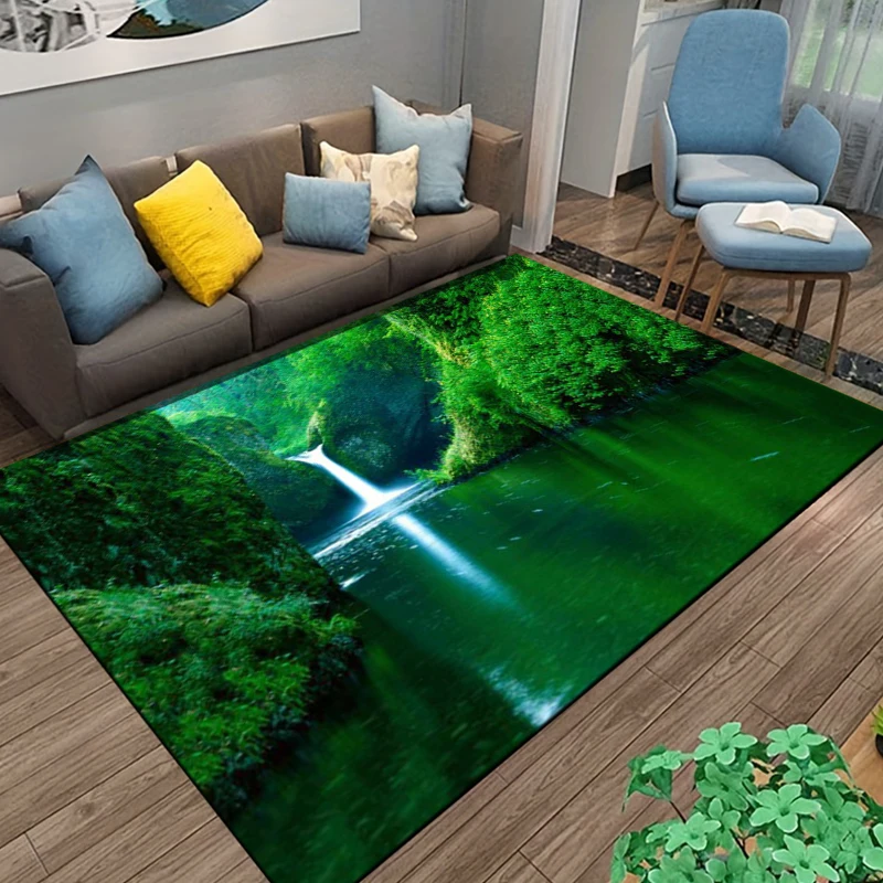 Natural Scenery 3D Carpet For Living Room Green Forest Waterfall Landscape Rug Bedroom Anti-slip Carpet In The Bathroom Large