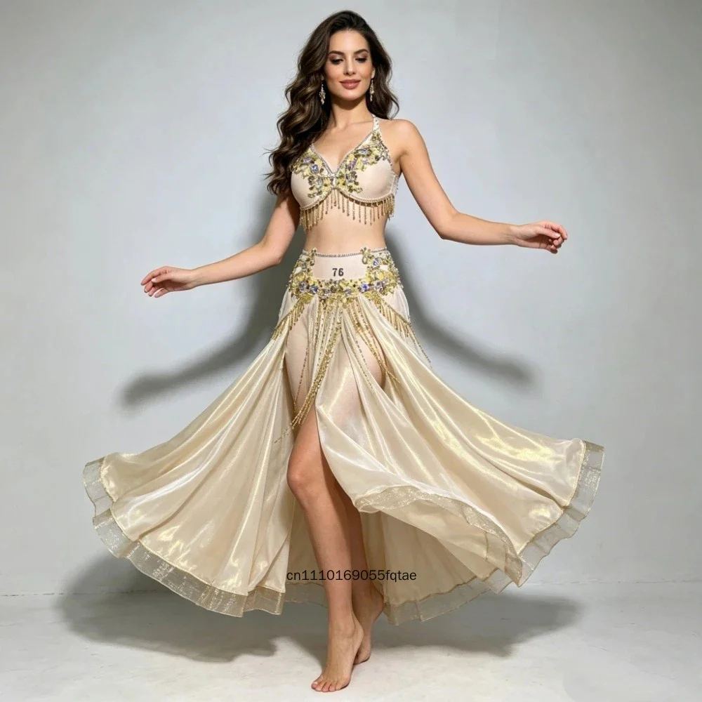 Women Professional Belly Dance Costume Set Pearl Beaded Bra Chiffon Long Yarn Skirt Elegant Oriental Stage Performance Dancing