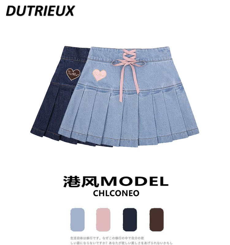 

Fashion Lolita High Waist Girl Short Denim Skirts Female 2024 Summer Korean Style Sense Design Bow Tie Slimming Pleated Skirt