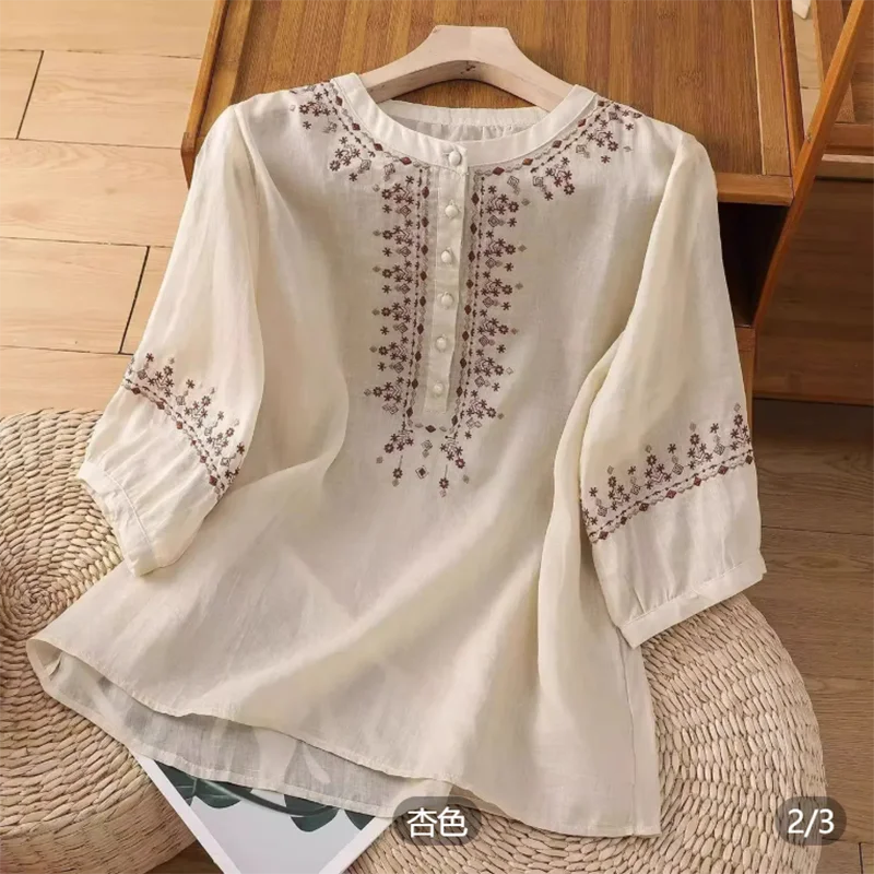 Camisa bordada retro verano mujer holgada - alternate angle