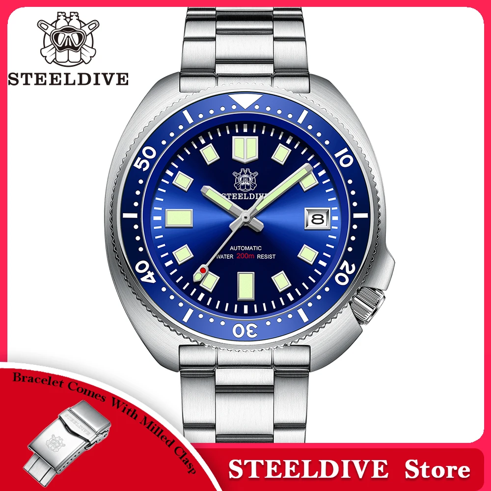 SD1970 Esfera azul marca Steeldive 44MM cristal de zafiro bisel de cerámica inserto luminoso hombres NH35 reloj de buceo con bisel de cerámica