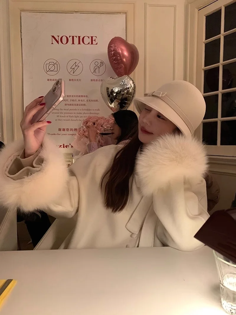 เสื้อโค้ทขนสัตว์เกาหลีสำหรับผู้หญิง ผูกโบว์ ผ้าขนสัตว์สองด้าน แจ็คเก็ตกำมะหยี่หรูหรา ขนสุนัขจิ้งจอกแท้ ใหม่