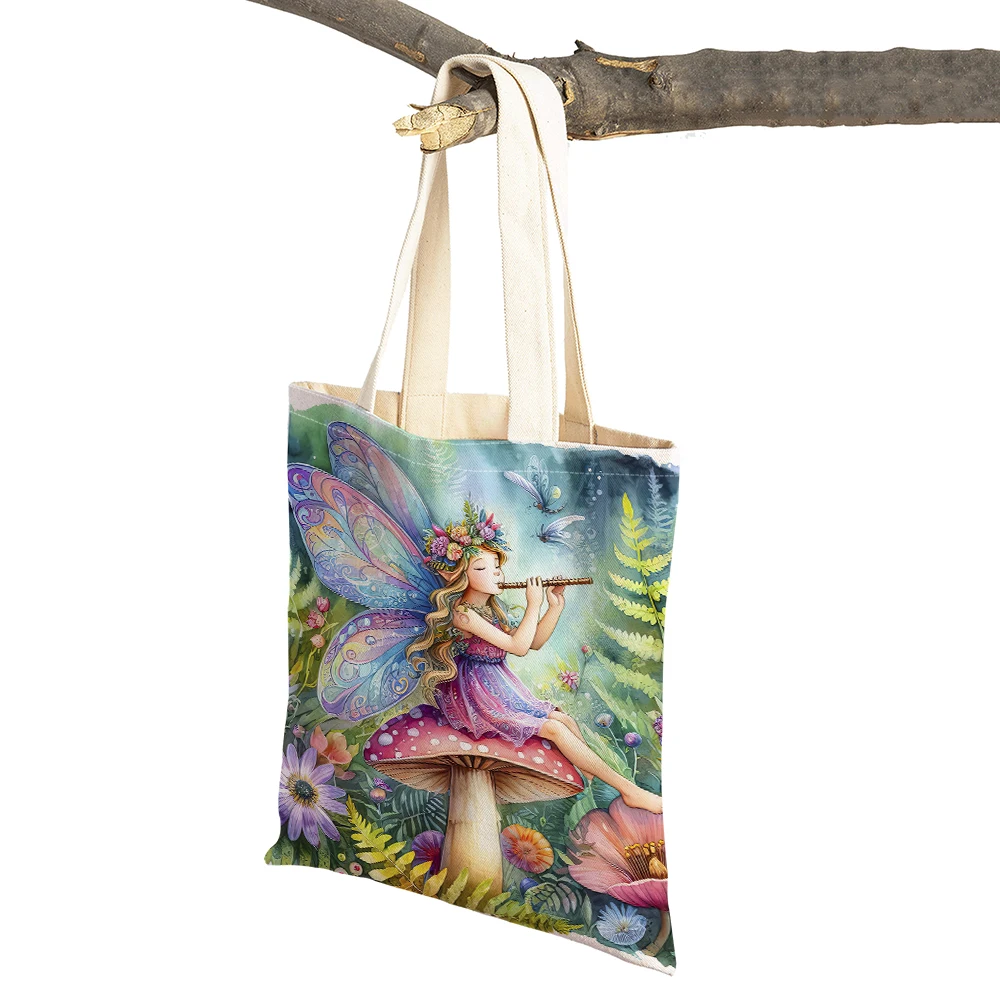 Fairy Angel Casual Women Shopping Bags Double Print Fairy Tale World Cute Cartoon Girl Tote Child Linen Lady Handbag Shopper Bag