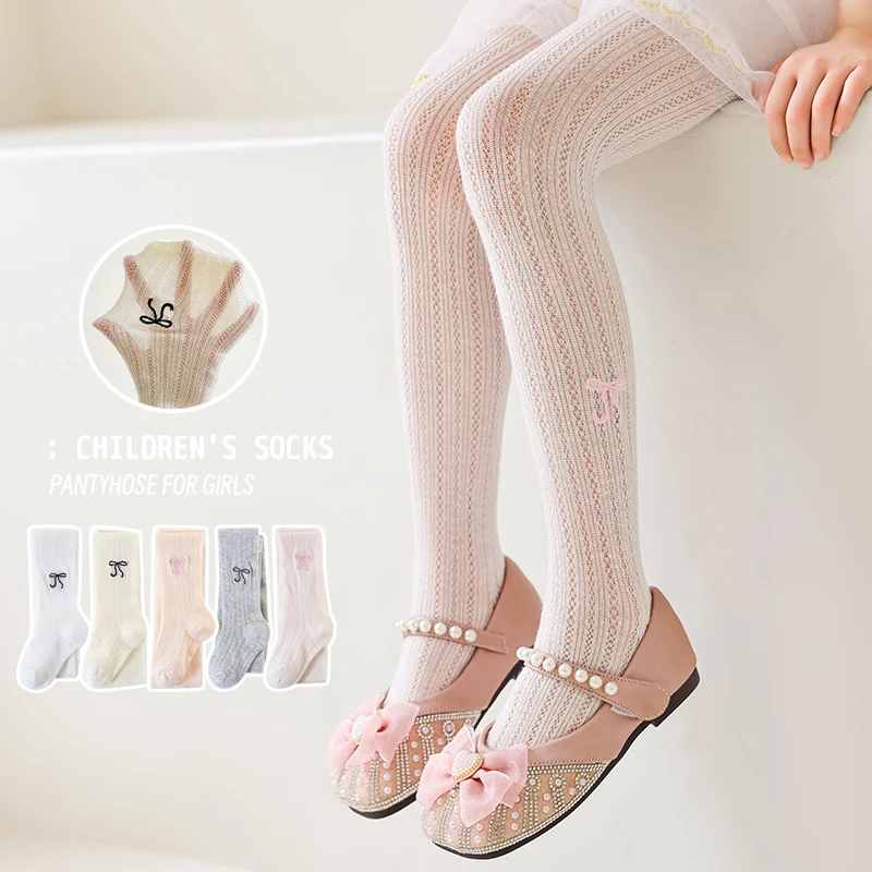 Lovely Girls Hollow Net Anti-Mosquito Tights Delicate Embroidery Bow Decor Comfortable High Elastic Footed Pantyhose Daily Wear