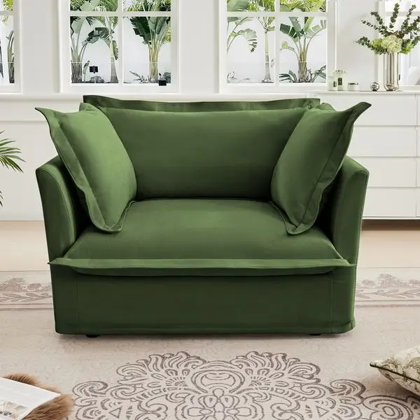 Green Slipcovered Armchair with 1 Back Cushion & 2 Toss Pillows, Chenille, Comfy Single Sofa