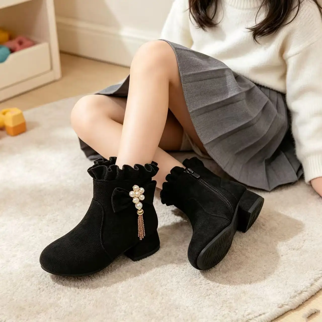 Children's Fashion Boots 3-12 Years Old Black Medium Heel Students Girls High Heels Size 27-38 Fashion Hundred Kids Girls Boots