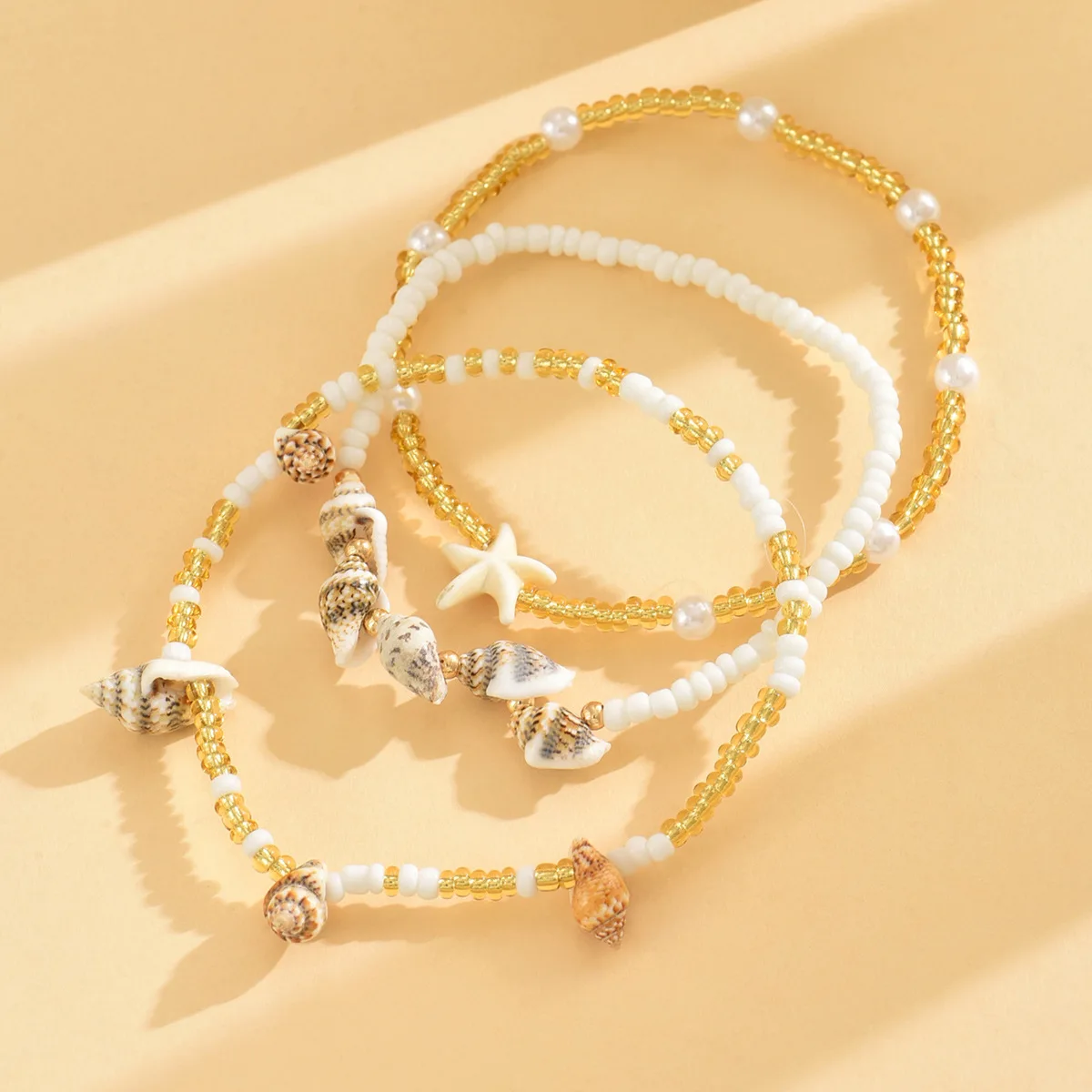 3 Pack Bohemian Layered Anklets for Women Starfish Shell Conch Pearl Bead Foot Chain Summer Beach Hawaiian Vacation Jewelry