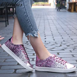 Sequin Skate Shoes Women 2024 Spring New Shiny Lace Up Sport Sneakers 35-41 Large-Sized Outdoor Running Walking Casual Shoes