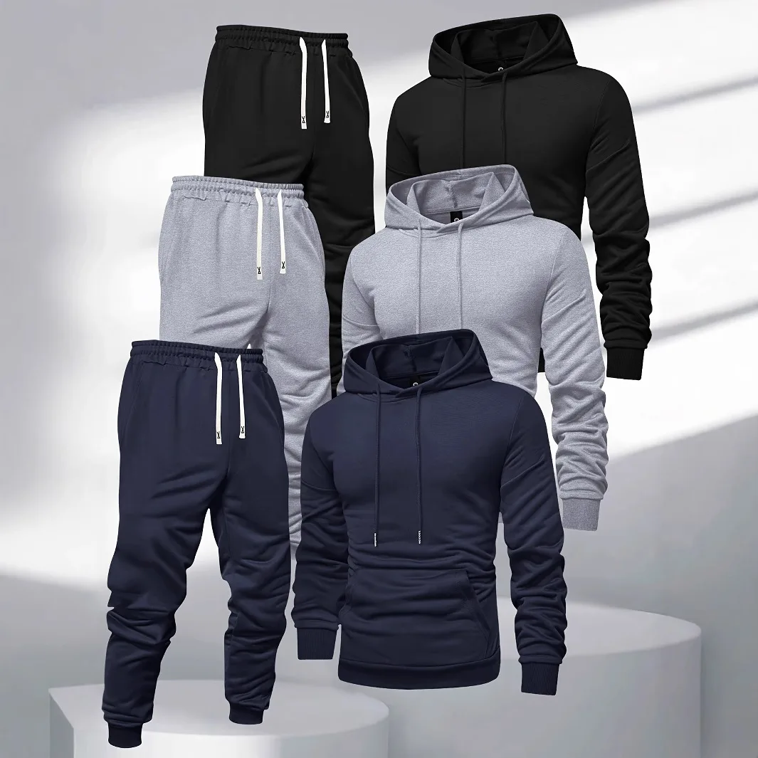 Herren 3-Teiliges Trainingsanzug-Set Einfarbiger Pullover-Hoodie Sweatshirt Jogginghose Frühling Herbst Lässige Sportbekleidung Locker Sitzendes Alltags-Outfit für Männer – Detail 5