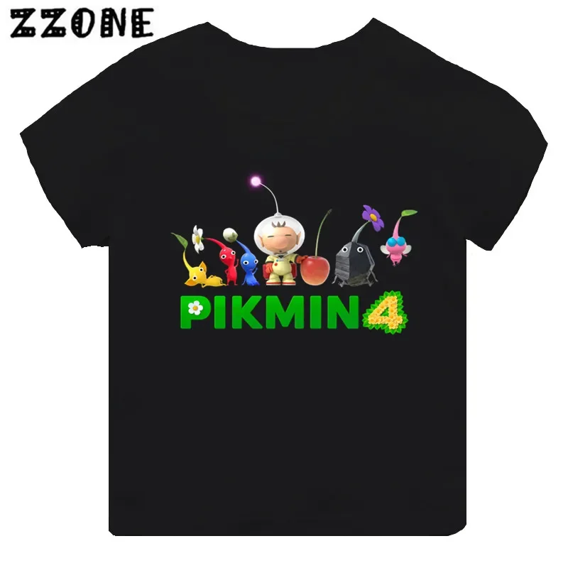 Hot Sale Video Game Pikmin 4 Print Cartoon Kids T-shirt Girls Clothes Baby Boys Black Short Sleeve T shirt Children Tops,TH5868