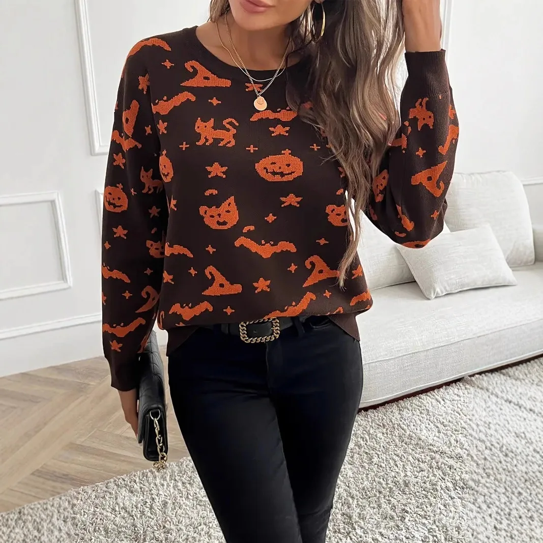 

Women's popular Halloween pumpkin knitted sweater crew neck long-sleeved sweater long-sleeved retro versatile short