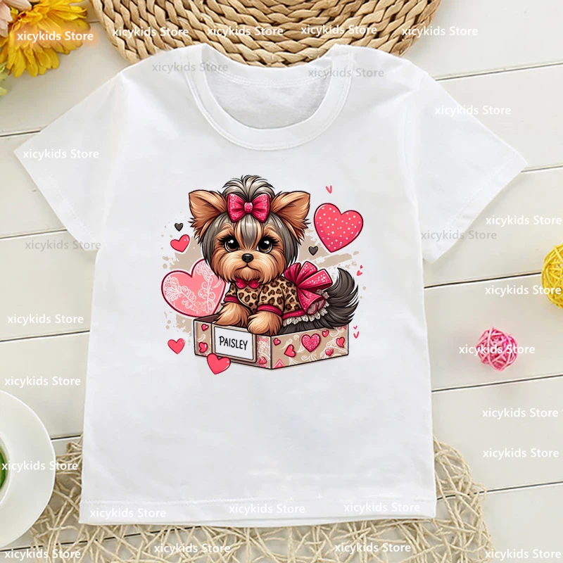 Valentine'S Day Tshirt Watercolor Flower Heart Graphic Print Girls Tshirt Funny Yorkie Dogs Print Boy T-Shirt Cute Girls Clothes