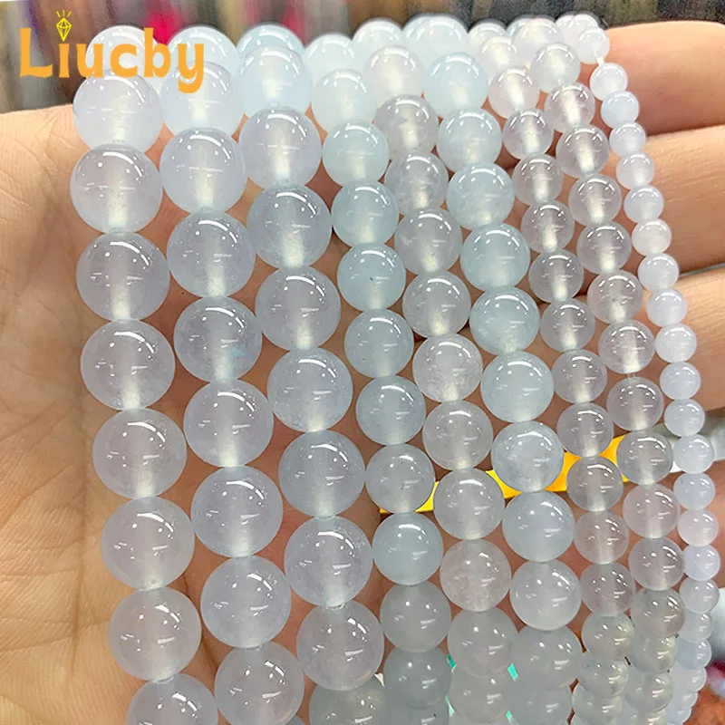 Natural stone White Blue Chalcedony Smooth Beads For Jewelry Making DIY Rings Necklace Accessories 15