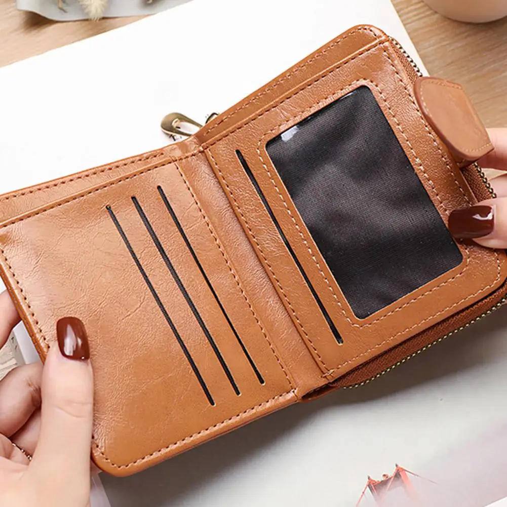 Women Short PU Leather Wallet Snap Button Zipper Purse Multi Card Slots Photo Holder Cash Pocket Ladies Small Clutch Wallet
