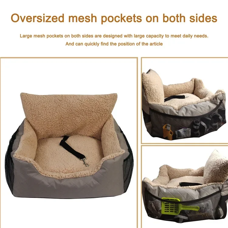 Deluxe Washable Pet Dog Travel Car Booster Seat Bed with Storage Pockets and Click-on Safety Leash for Puppy and small Animals