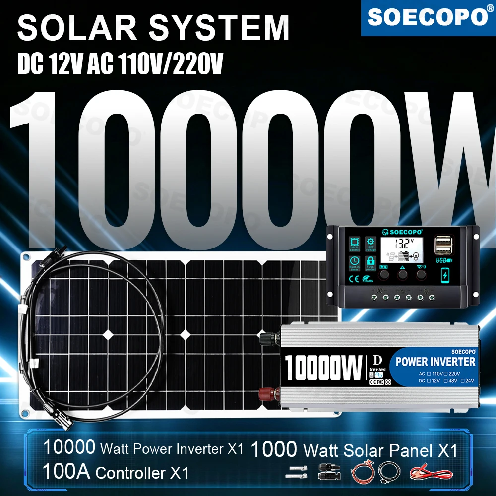 

Cheaper Option 10000W Peak Solar System Kit 110V/220V Inverter 1000W Panel 100A Controller Complete Off Grid For Survival Kit RV
