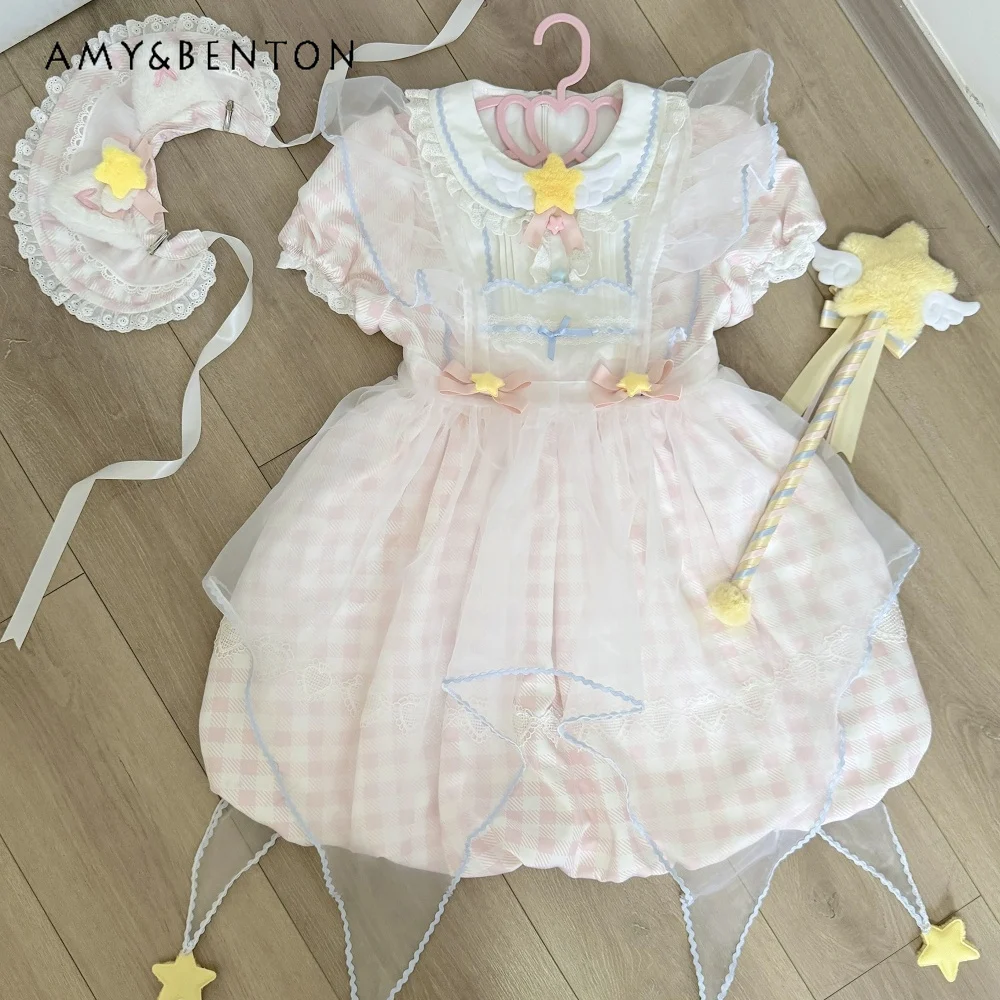 Cute Lolita Girl Doll Collar Manica a sbuffo Vita alta Slim Plaid Tutu Dress Sweet Kawaii Festa di compleanno per abiti da sera da donna