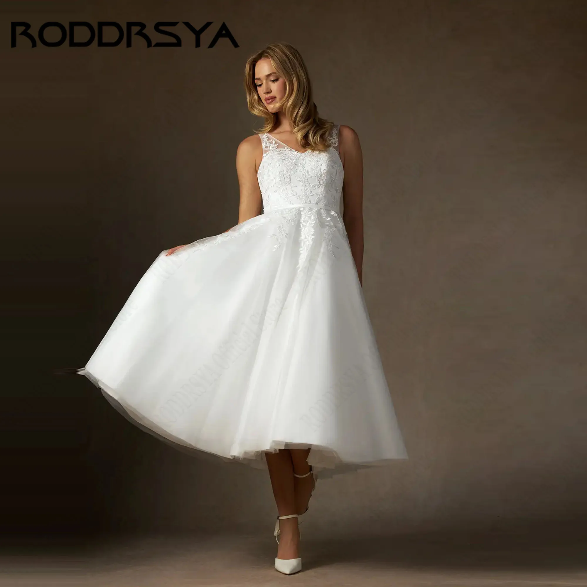 RODDRSYA Vintage Short Bridal Gown Appliques V-Neck A-Line Sleeveless Wedding Dress for Civil Ceremony vestidos novia Customized