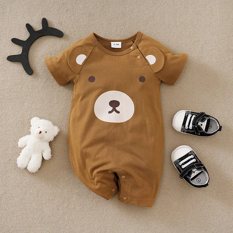 Summer Style Newborn Boys And Girls Cute Cartoon Brown Bear Print Comfortable Cotton Short Sleeved Jumpsuit