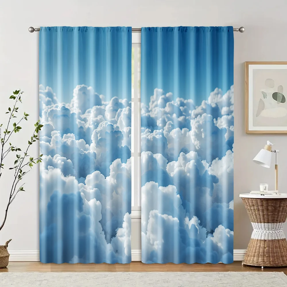 2 pcs, filtering curtains (excluding rods, non-movable, without batteries) Blue Sky & White Clouds for use in bedrooms and