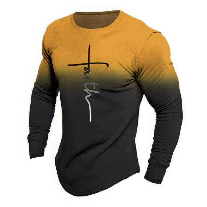 Gradient Cross Print Men's T Shirt Fashion Cotton Long Sleeve T-shirts Casual O-neck Loose Pullover Tops Autumn Simple Men Cloth